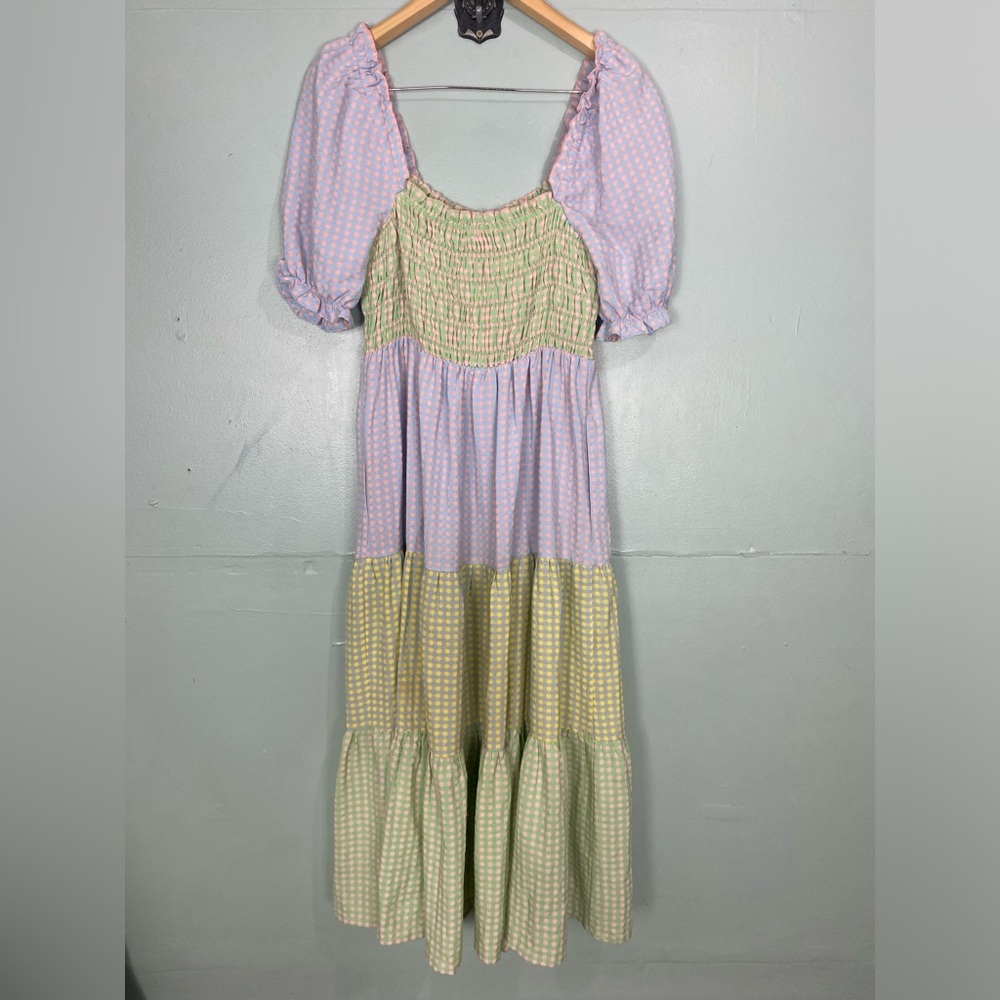 Greylin Nola Smocked Gingham Plaid Colorblock Tiered Midi Dress Sz M Pastel - Picture 3 of 7